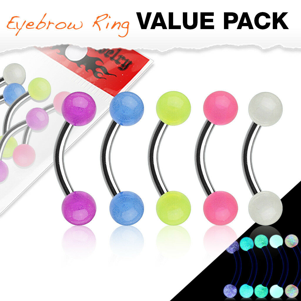5pc Value Pack Glow Acrylic Balls Eyebrow Rings 16g Body Jewelry