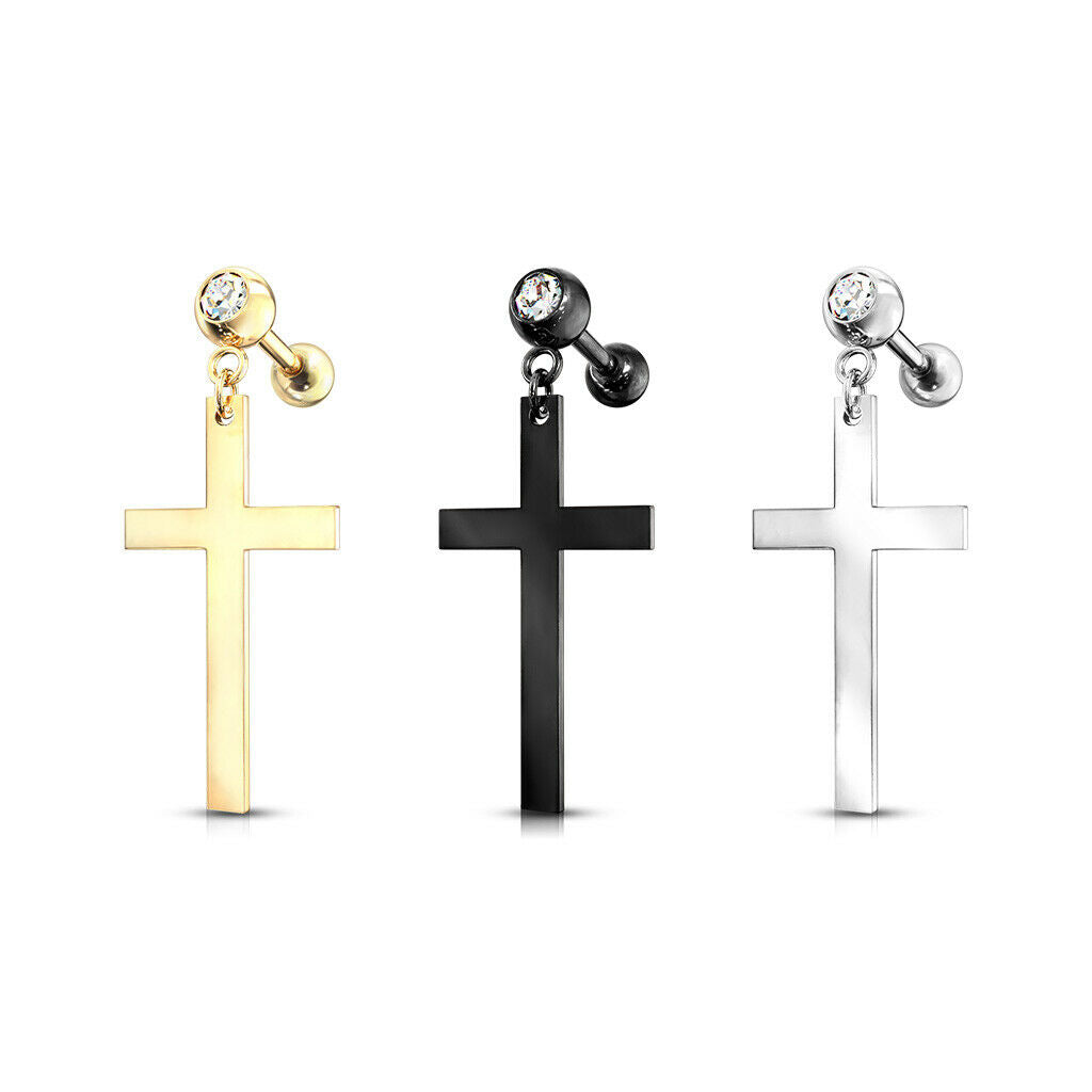 1pc Cross Dangle Tragus Stud Helix Cartilage Ring 16g 1/4"- choose your color