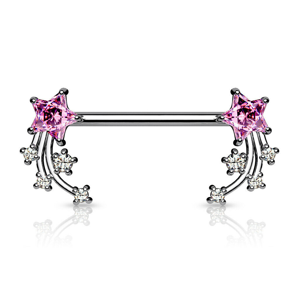 PAIR CZ Gems Shooting Stars Nipple Rings Surgical Steel Barbells 14mm 14g