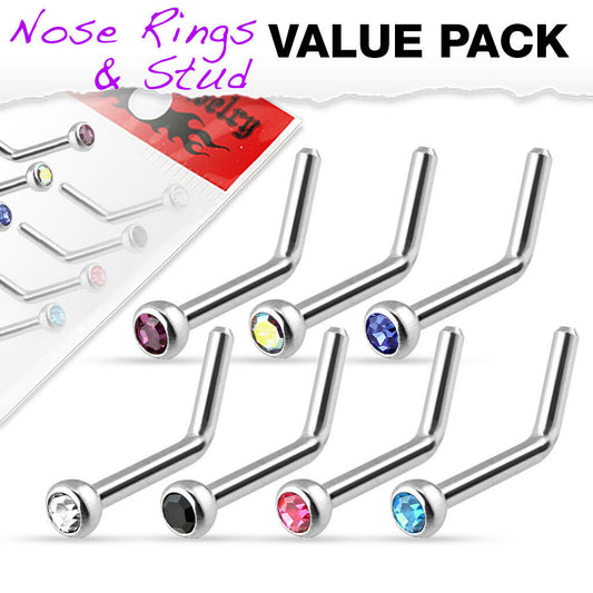 7pc Value Pack Press Fit Gem Surgical Steel L-Bend Nose Rings- choose 18g or 20g