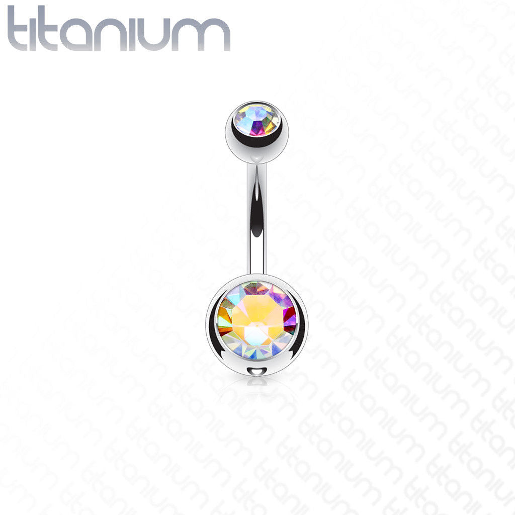 Solid Titanium Double CZ Gem Ball Belly Ring Pierced Navel Naval