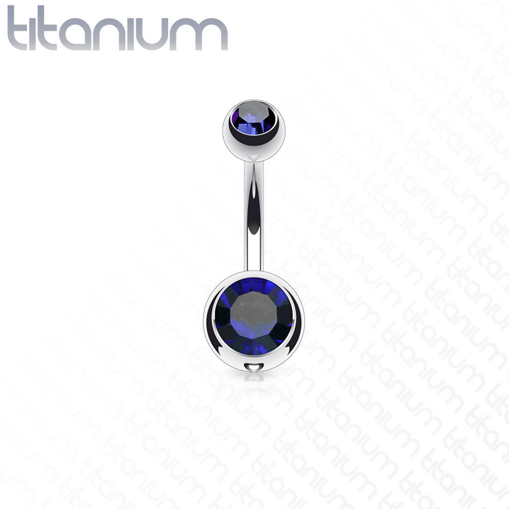 Solid Titanium Double CZ Gem Ball Belly Ring Pierced Navel Naval
