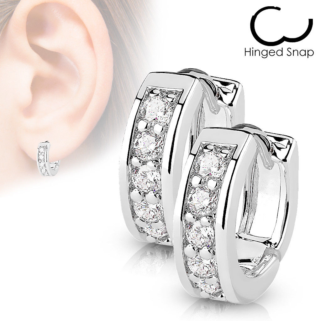 4mm Wide Channel Set CZ Gems Half Circle Hoop Huggie Earrings