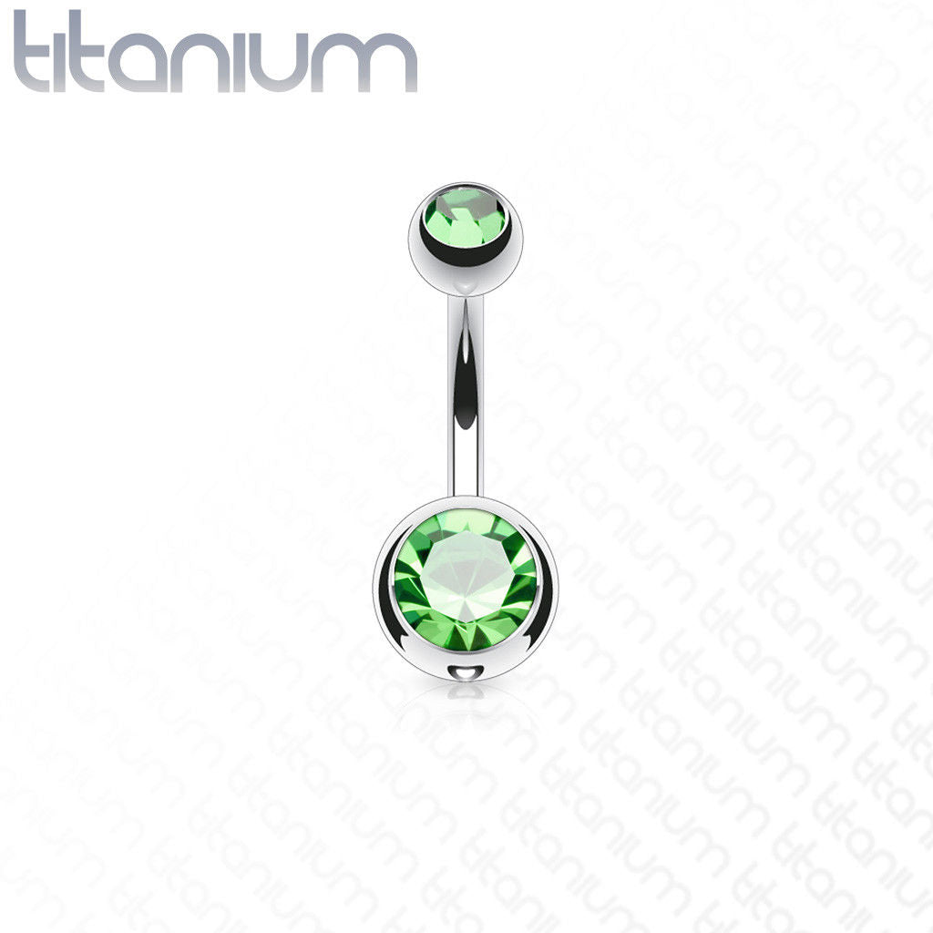 Solid Titanium Double CZ Gem Ball Belly Ring Pierced Navel Naval