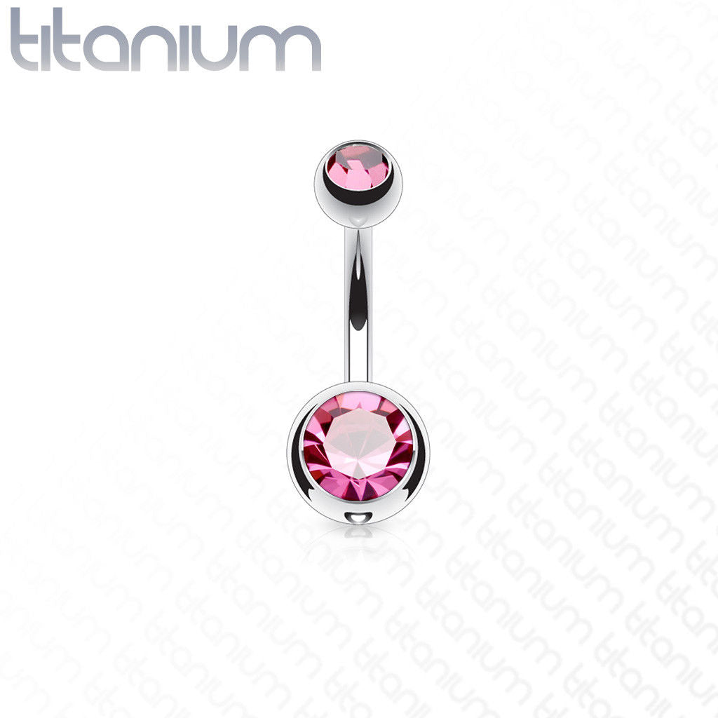 Solid Titanium Double CZ Gem Ball Belly Ring Pierced Navel Naval
