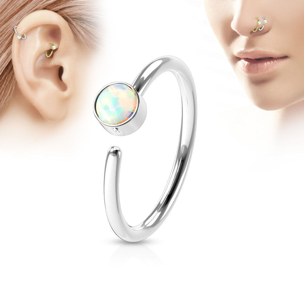 1pc Bendable Hoop Nose / Cartilage Ring w/ Set Opal Annealed 316L Surgical Steel