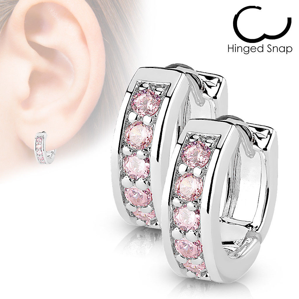 4mm Wide Channel Set CZ Gems Half Circle Hoop Huggie Earrings