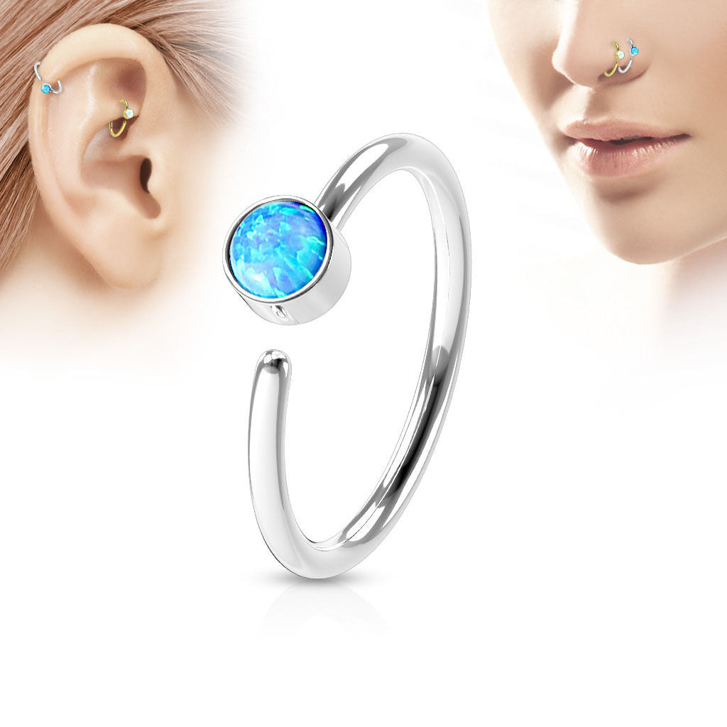 1pc Bendable Hoop Nose / Cartilage Ring w/ Set Opal Annealed 316L Surgical Steel