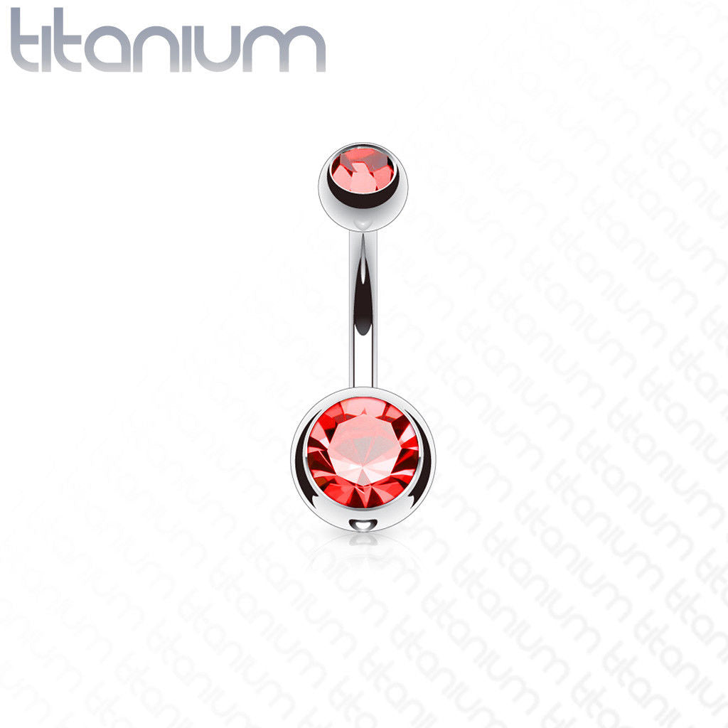 Solid Titanium Double CZ Gem Ball Belly Ring Pierced Navel Naval