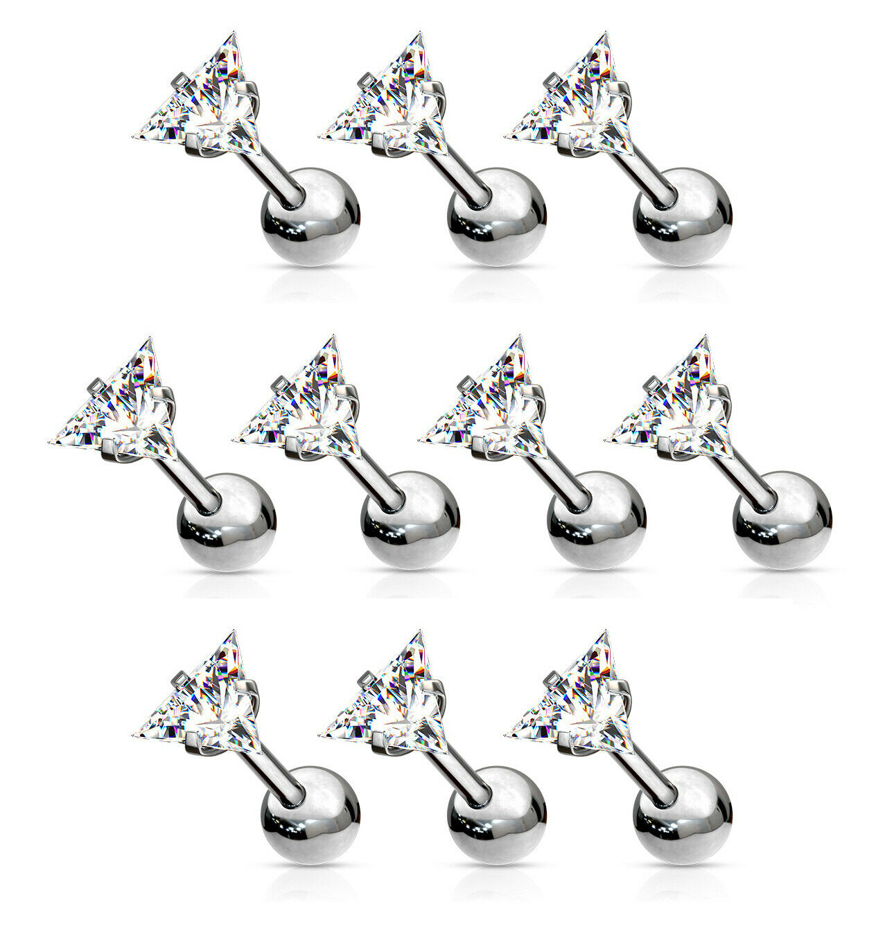 10pcs Prong Set Triangle Clear Gem Stud Tragus Rings 16g Cartilage Barbells