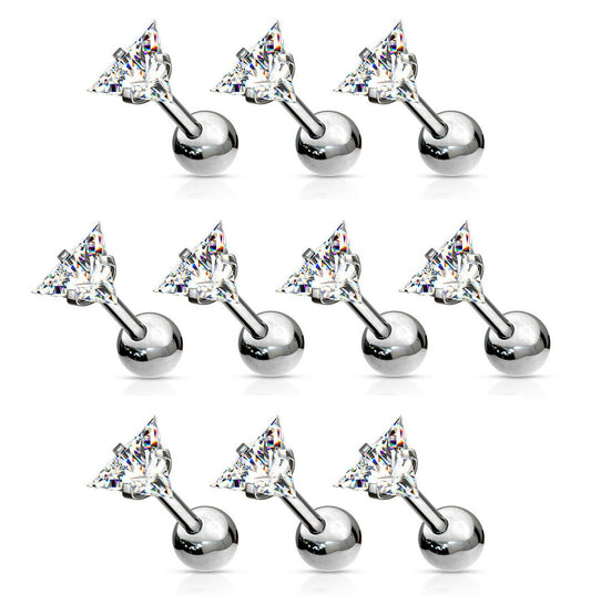 10pcs Prong Set Triangle Clear Gem Stud Tragus Rings 16g Cartilage Barbells