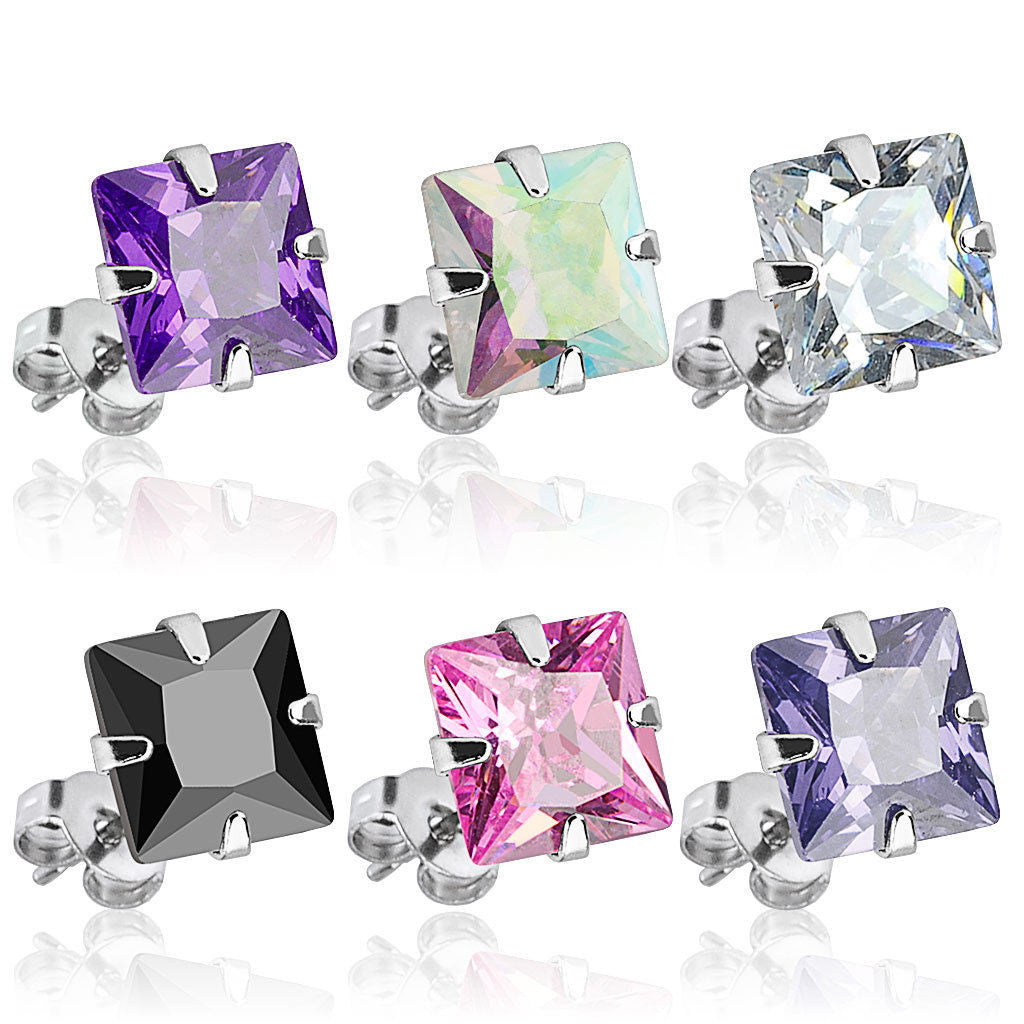 PAIR 316L Surgical Steel Square CZ Gem Stud Earrings