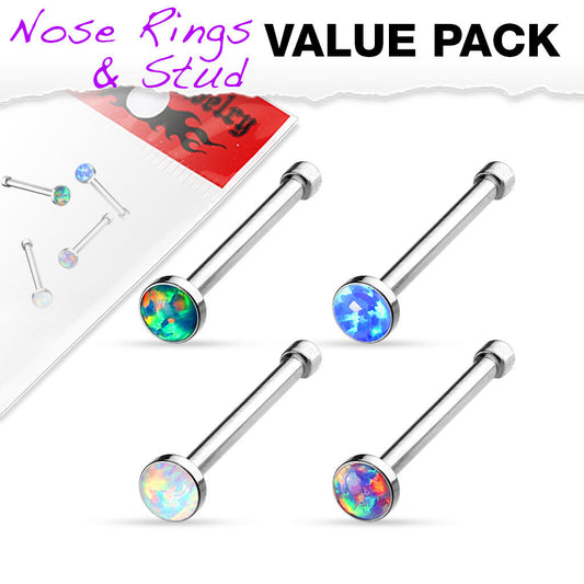 4pc Value Pack Synthetic Opal Surgical Steel Nose Studs/Bones/Rings