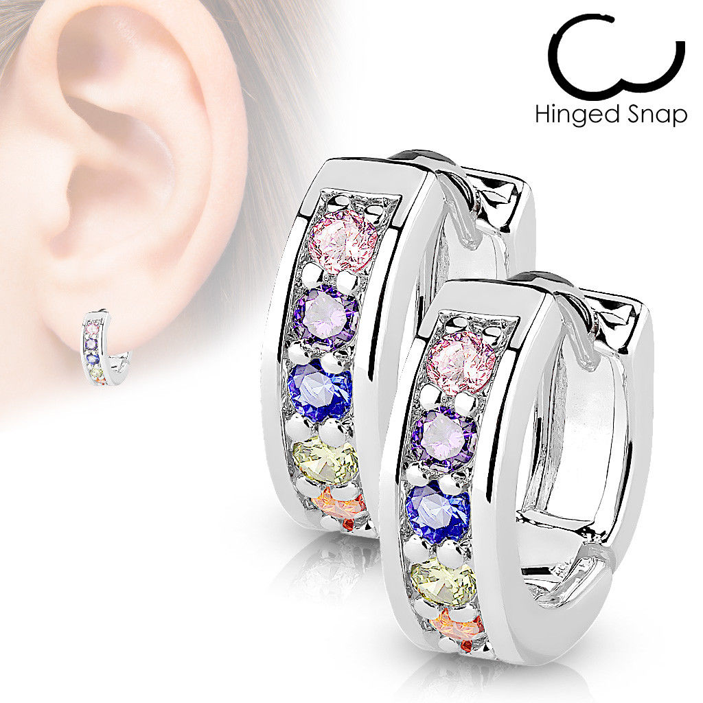 4mm Wide Channel Set CZ Gems Half Circle Hoop Huggie Earrings