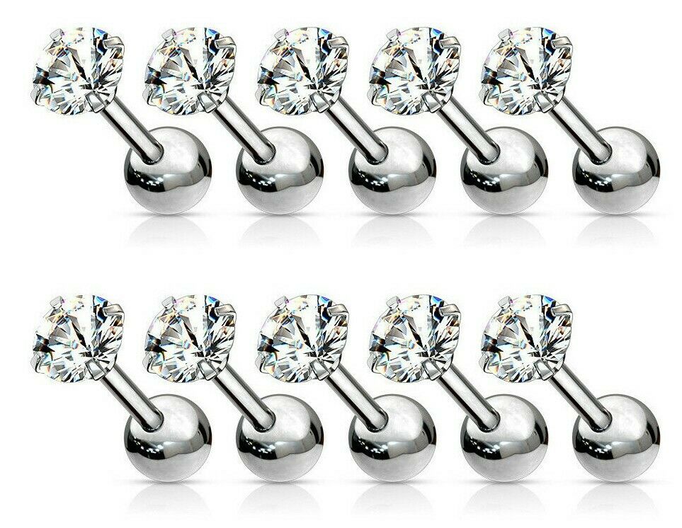 10pcs Prong Set Round Clear Gem Stud Tragus Rings 16g Cartilage Barbells