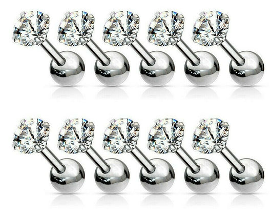 10pcs Prong Set Round Clear Gem Stud Tragus Rings 16g Cartilage Barbells
