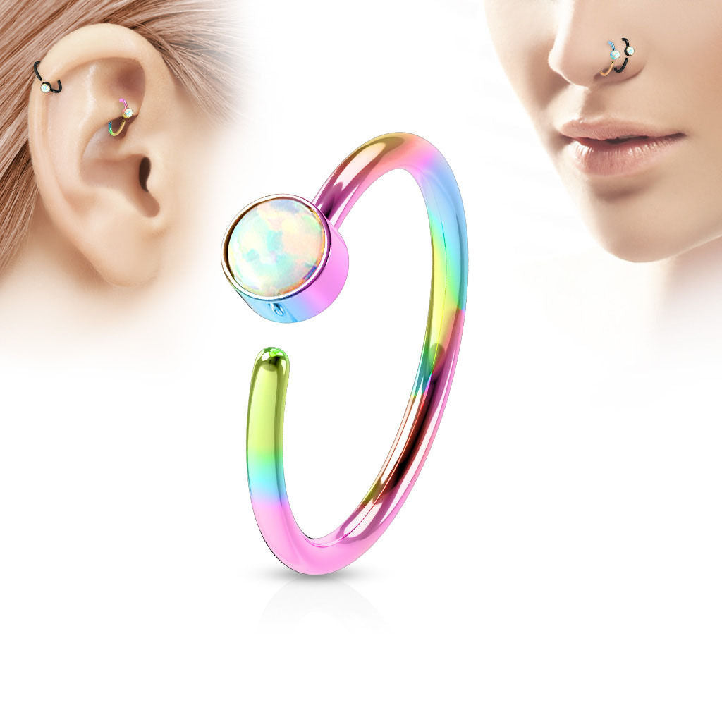 1pc Bendable Hoop Nose / Cartilage Ring w/ Set Opal Annealed 316L Surgical Steel