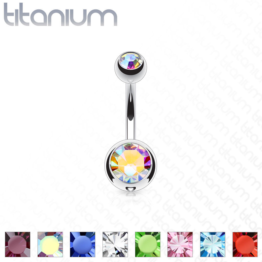 Solid Titanium Double CZ Gem Ball Belly Ring Pierced Navel Naval