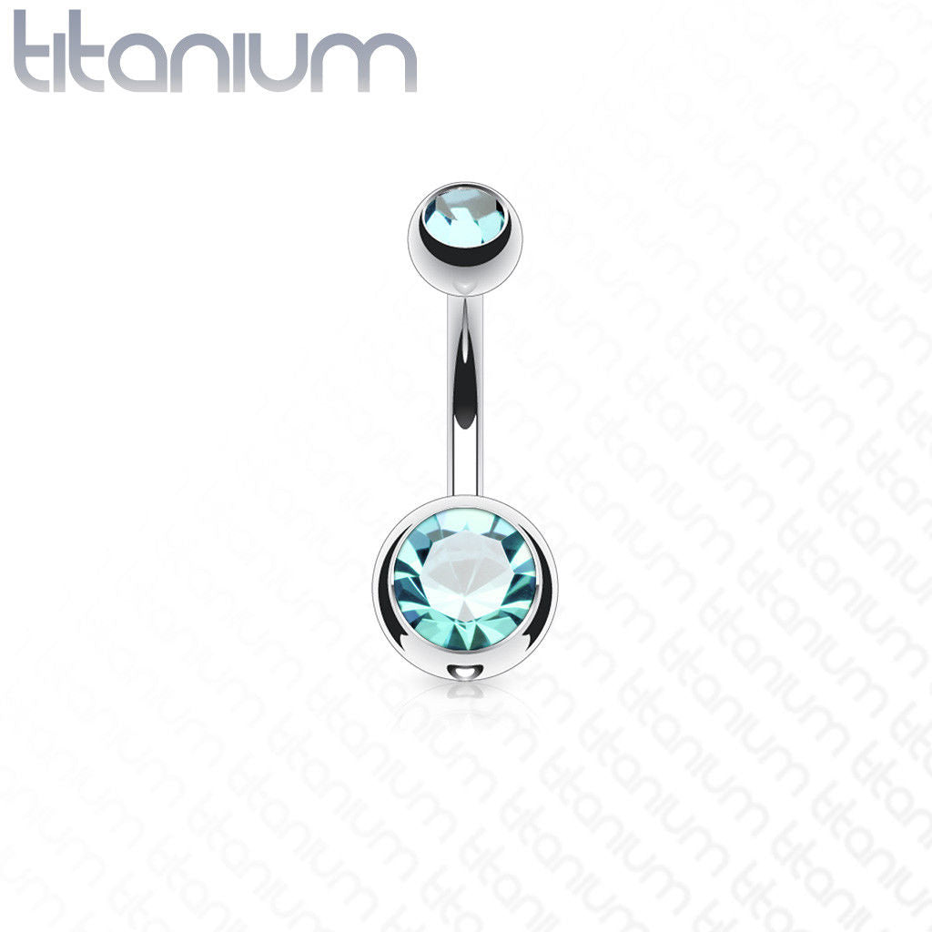 Solid Titanium Double CZ Gem Ball Belly Ring Pierced Navel Naval