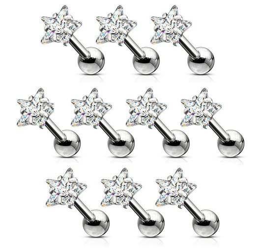 10pcs Prong Set Star Clear Gem Stud Tragus Rings 16g Cartilage Barbells