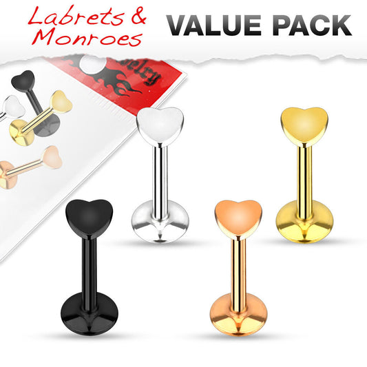 4pc Value Pack Ion Plated Steel Internally Threaded Heart Labrets / Monroes