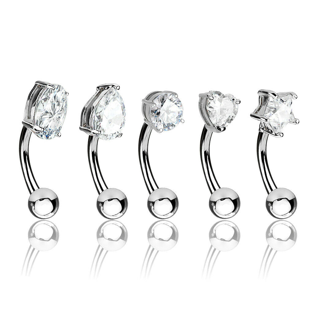 5pc Value Pack Prong Set CZ Gem Shapes Eyebrow Rings Curved Barbells 316L Steel