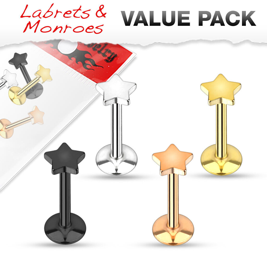 4pc Value Pack Ion Plated Steel Internally Threaded Star Labrets / Monroes