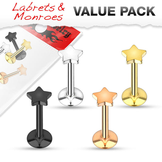 4pc Value Pack Ion Plated Steel Internally Threaded Star Labrets / Monroes