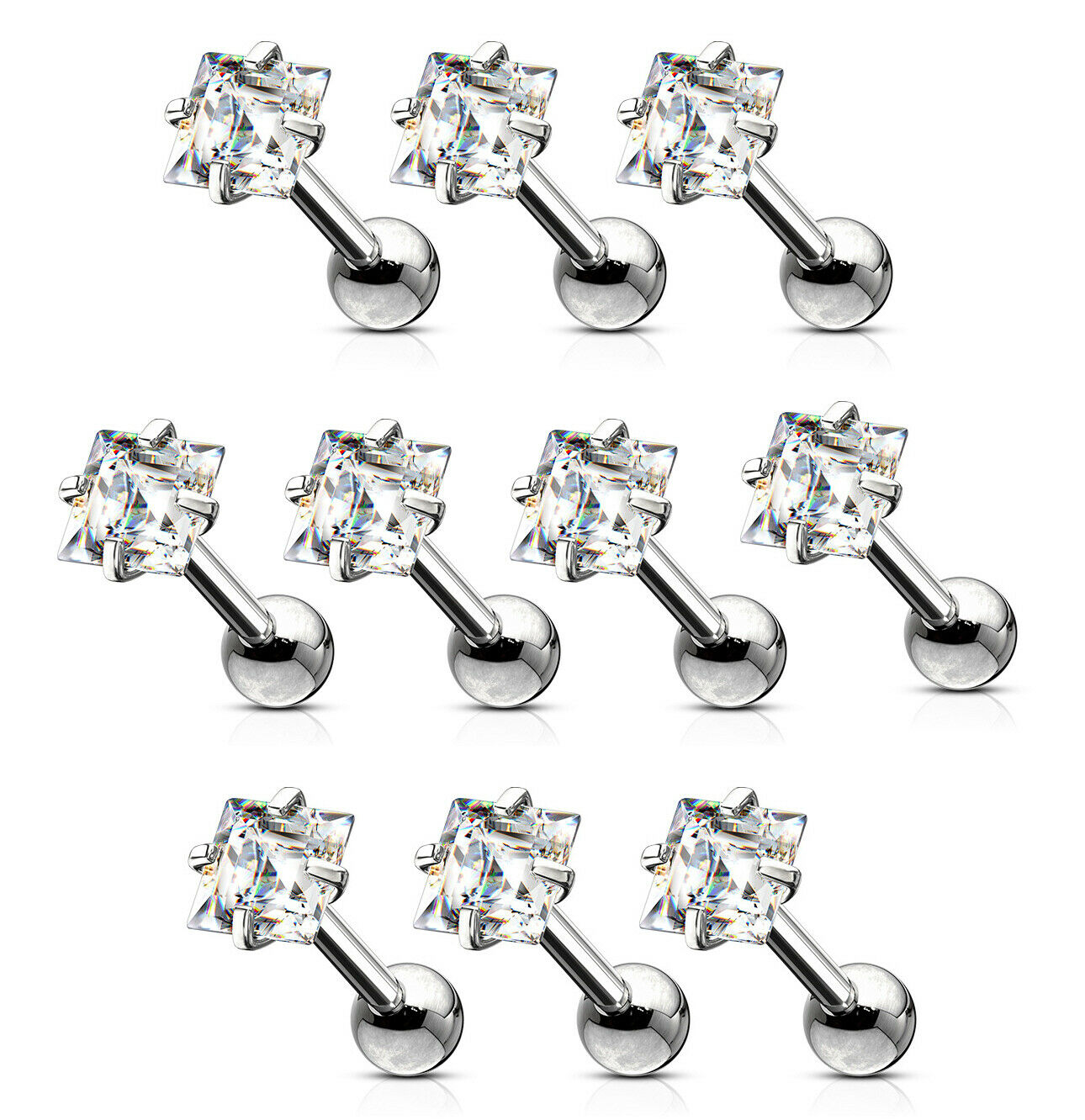10pcs Prong Set Square Clear Gem Stud Tragus Rings 16g Cartilage Barbells