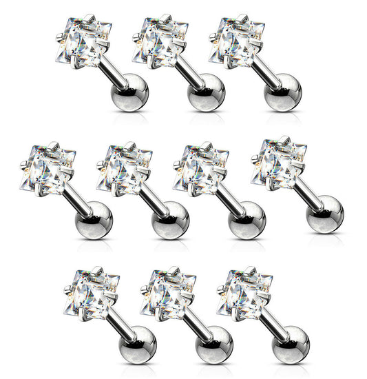 10pcs Prong Set Square Clear Gem Stud Tragus Rings 16g Cartilage Barbells