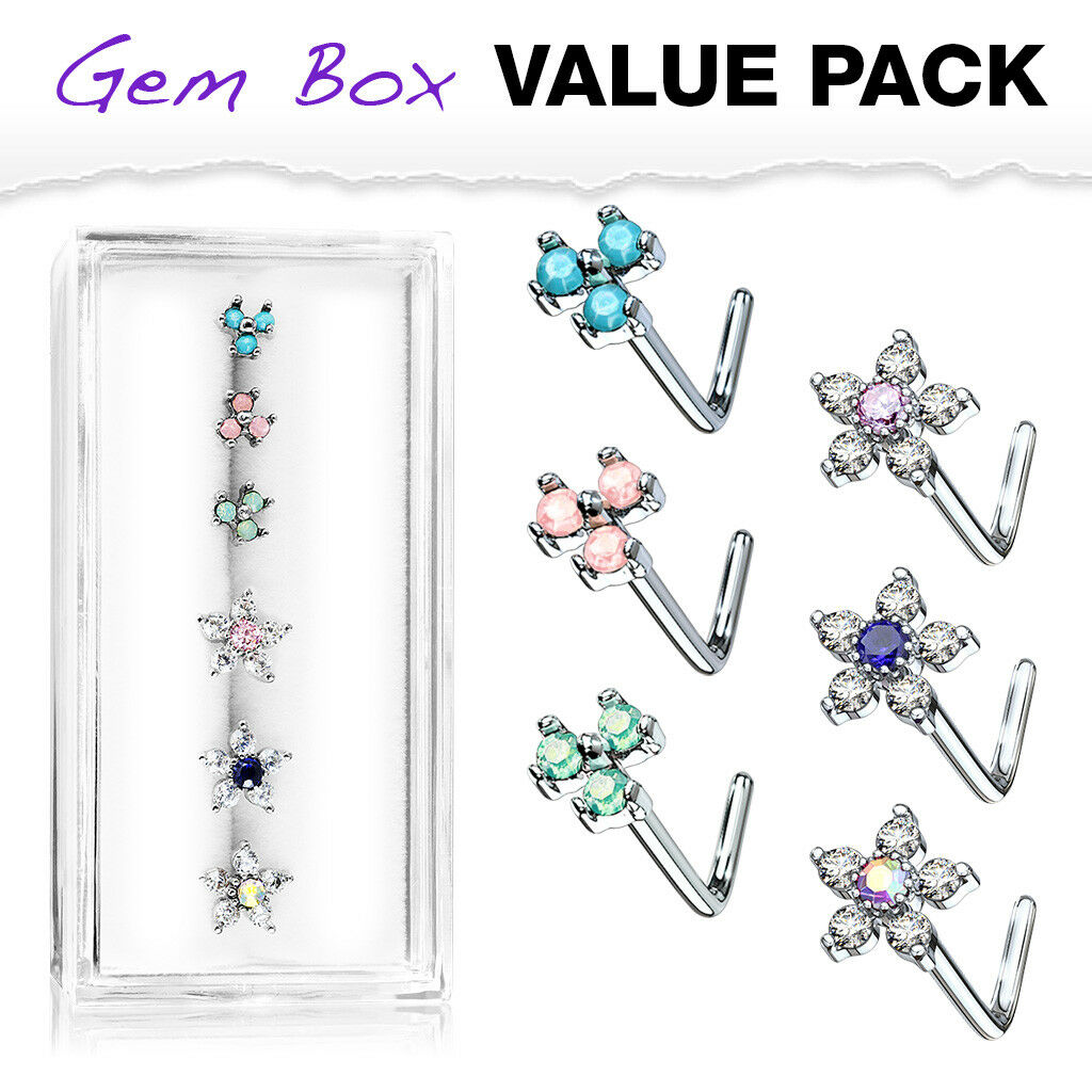 6pc Box Value Pack CZ Gem Flower & Opalite Triangle 20g Steel L-Bend Nose Rings