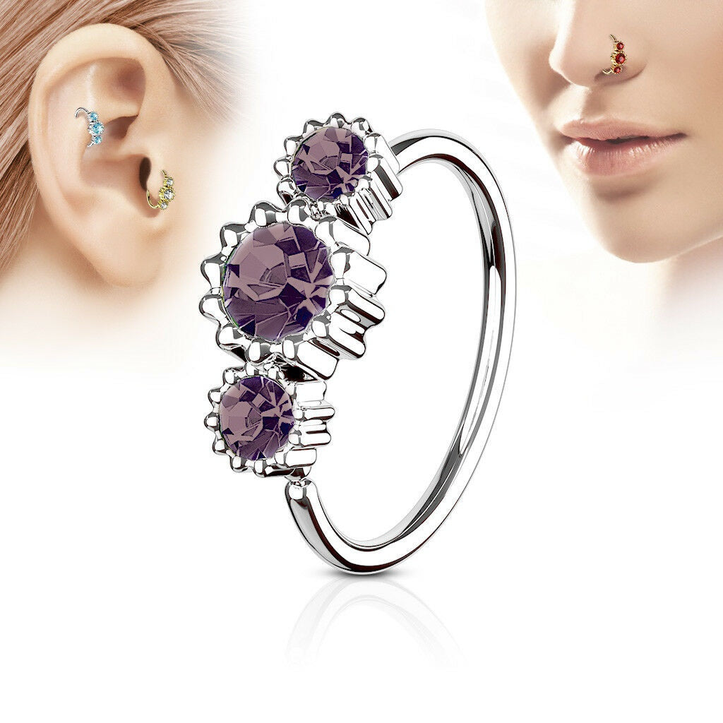 1pc Three CZ Gem Hoop Nose / Cartilage Ring