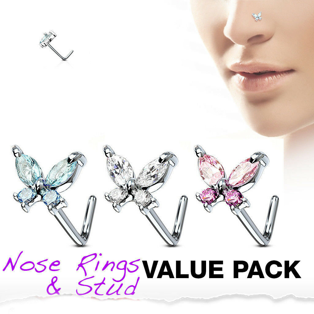 3pc Value Pack L-Bend CZ Gem Butterfly 20g Surgical Steel Nose Rings