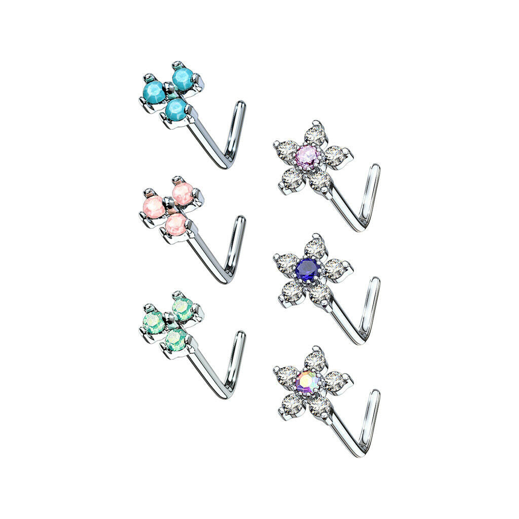 6pc Box Value Pack CZ Gem Flower & Opalite Triangle 20g Steel L-Bend Nose Rings