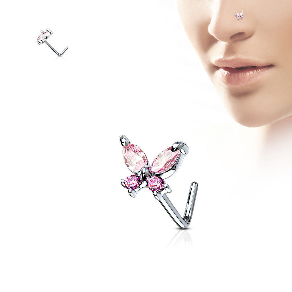 1pc CZ Gem Butterfly L-Bend 20g Nose Ring