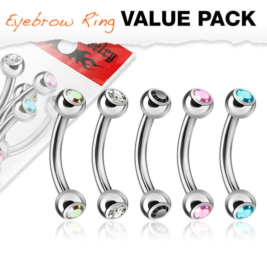 5pc Value Pack CZ Gem 316L Surgical Steel Eyebrow Rings 16g Body Jewelry