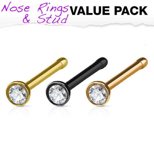 3pc Value Pack PVD Plated Nose Studs Black, Gold & Rose Gold - choose 18g or 20g
