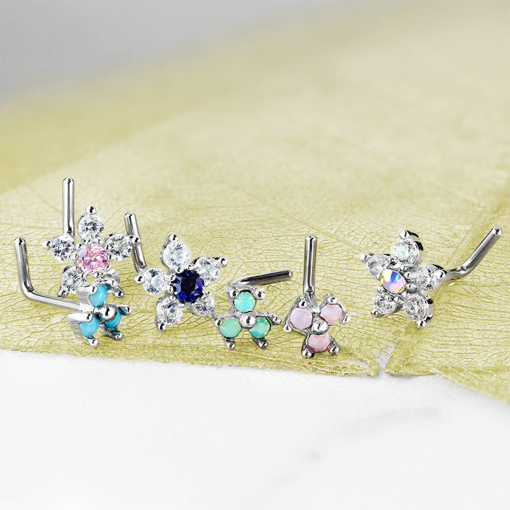 6pc Box Value Pack CZ Gem Flower & Opalite Triangle 20g Steel L-Bend Nose Rings