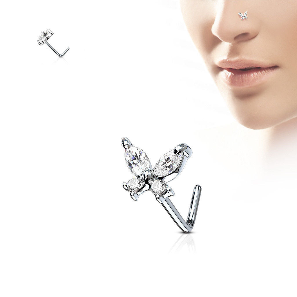 1pc CZ Gem Butterfly L-Bend 20g Nose Ring