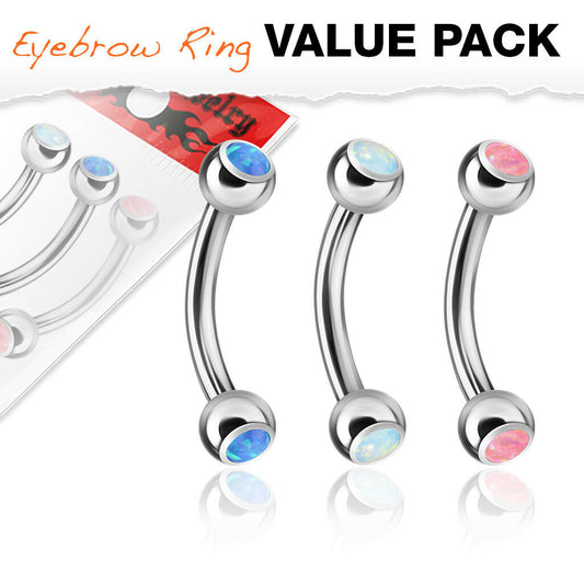 3pc Value Pack Double Opal 316L Surgical Steel Eyebrow Rings 16g Body Jewelry