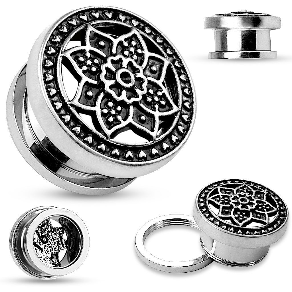 PAIR Tribal Lotus Top Steel Screw Fit Tunnels Plugs