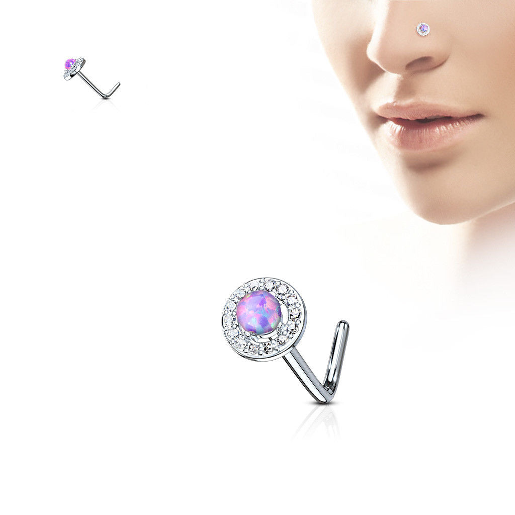 1pc CZ Gem Circle w/ Opal Dome Center L-Bend 20g Nose Ring