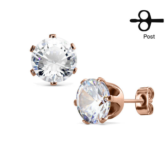 PAIR ROSE GOLD IP STEEL CZ GEM STUD EARRINGS