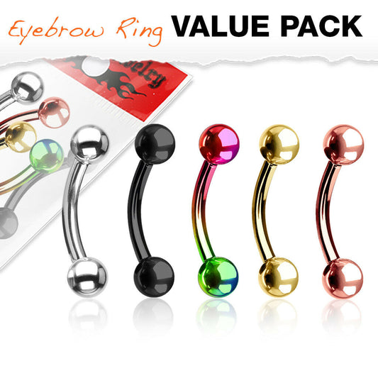 5pc Value Pack Five Colors Ion Plated 316L Steel Eyebrow Rings 16g Body Jewelry