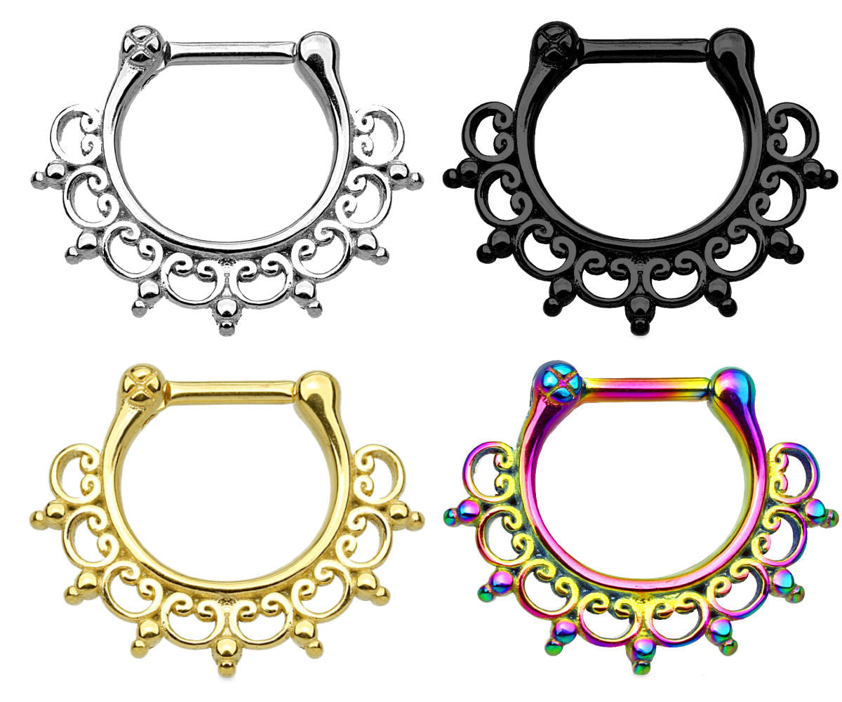1pc 100% SURGICAL STEEL Lace Tribal Fan Septum Ring Clicker
