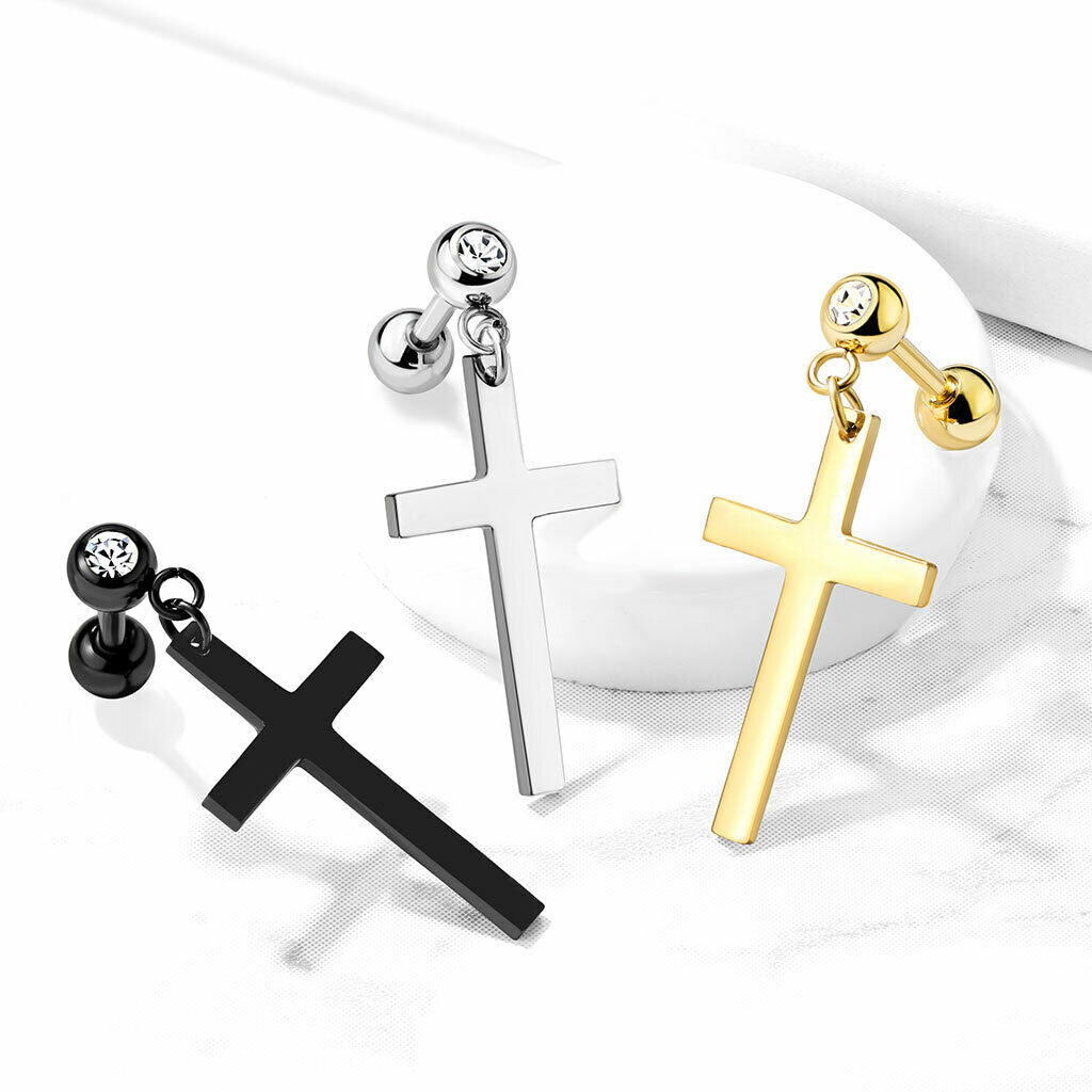 1pc Cross Dangle Tragus Stud Helix Cartilage Ring 16g 1/4"- choose your color