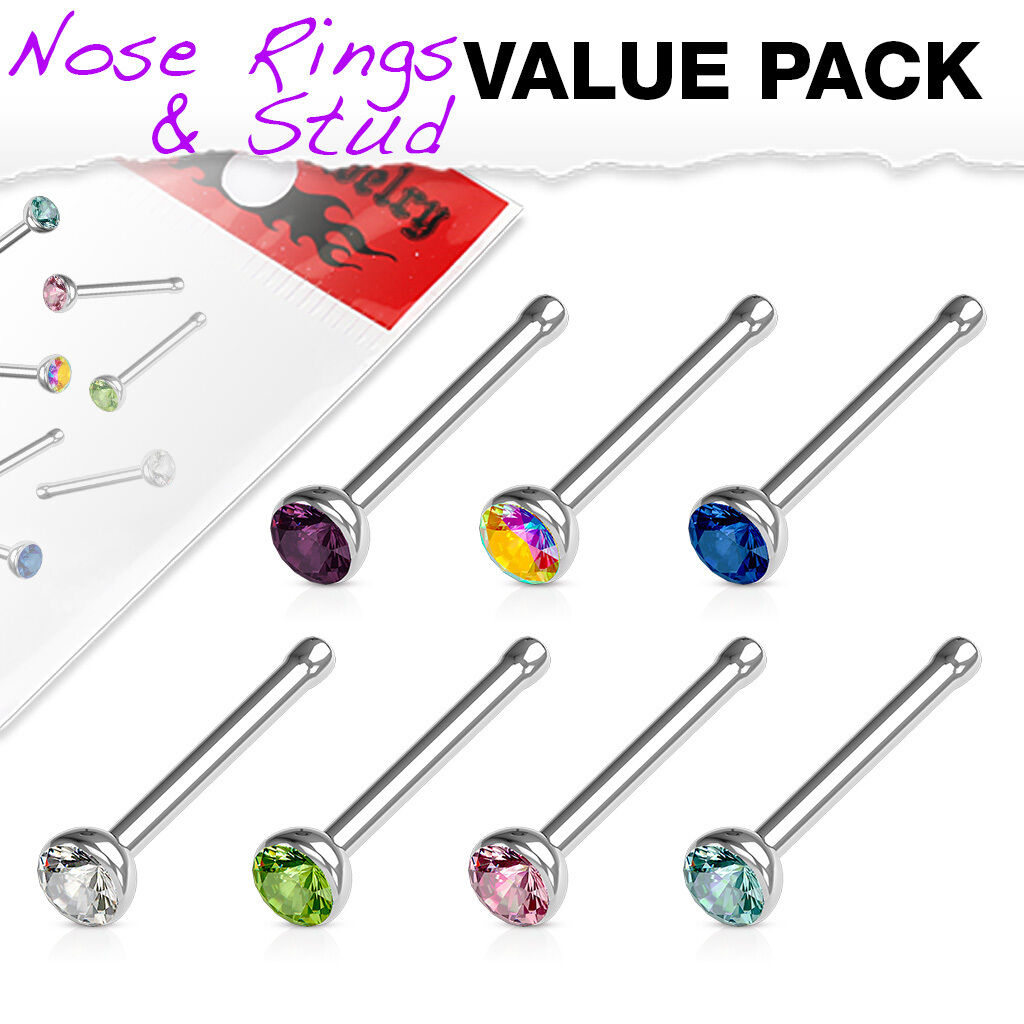 7pc Value Pack CZ Gem 20g Surgical Steel Nose Studs Bones Rings