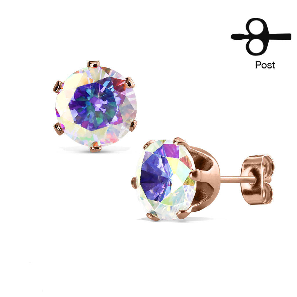 PAIR ROSE GOLD IP STEEL CZ GEM STUD EARRINGS