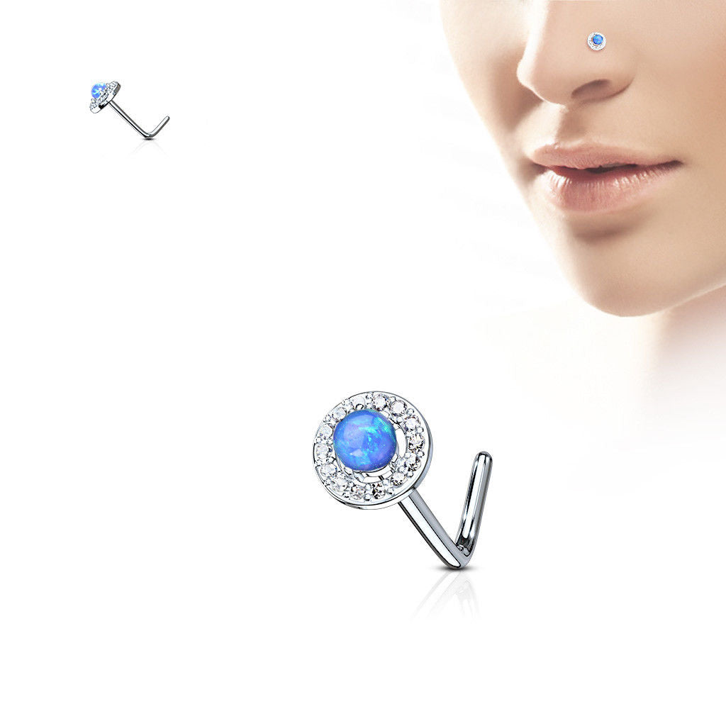 1pc CZ Gem Circle w/ Opal Dome Center L-Bend 20g Nose Ring