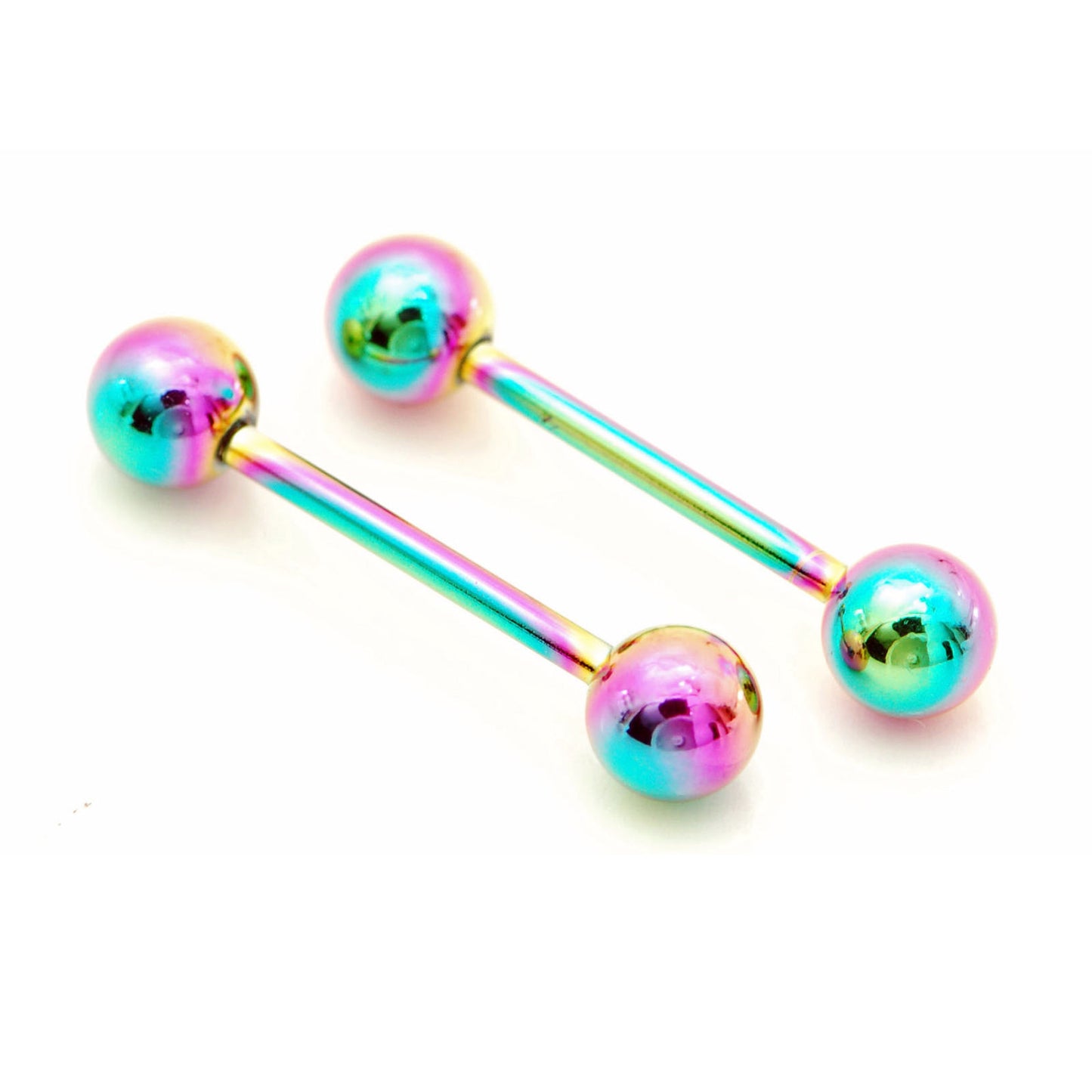 PAIR Rainbow Titanium Nipple Barbells or Tongue Rings 14g - choose your length